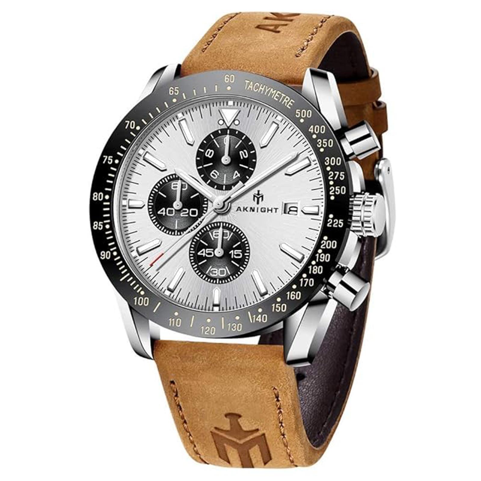 Akight Tan Leather Band White Dial Black Bezel